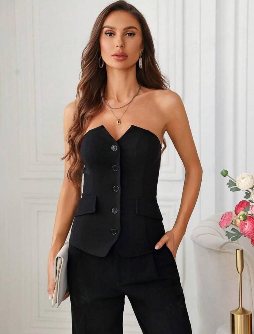 Buttoned Notched Neckline Strapless Top