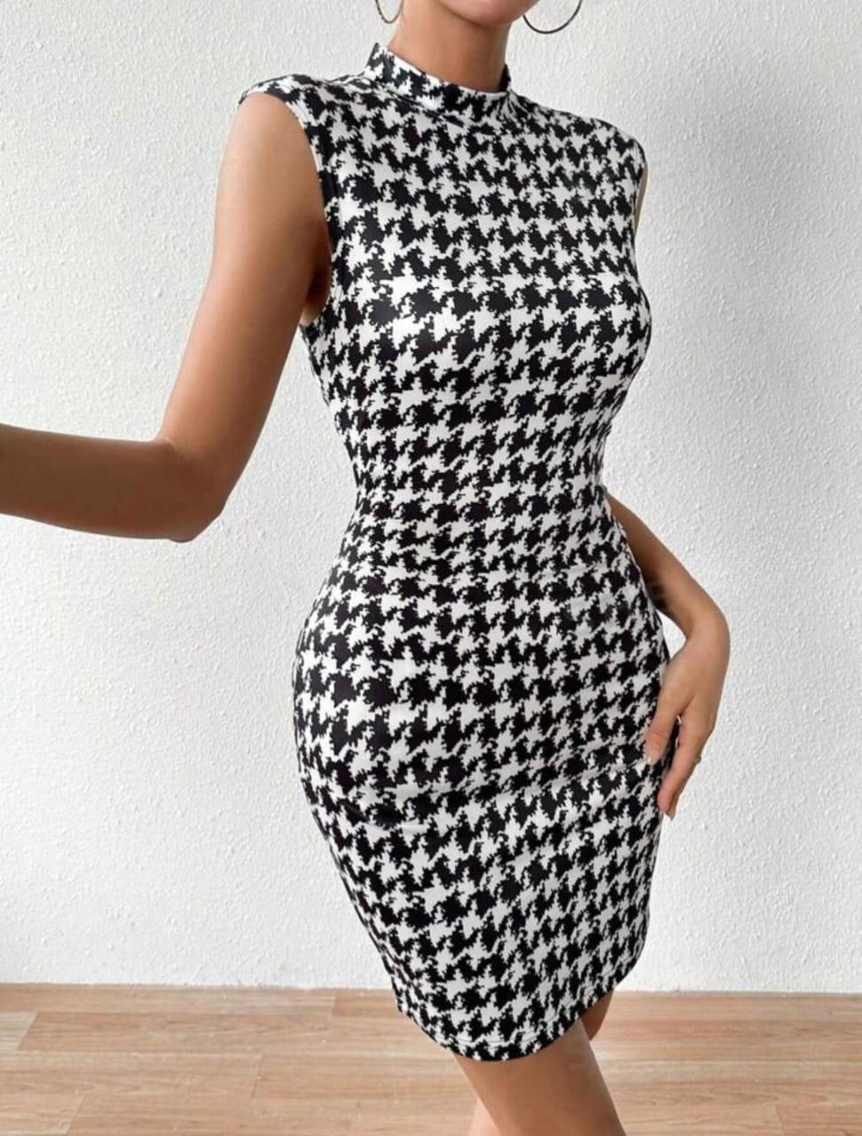 Houndstooth Pattern Stand Collar Dress