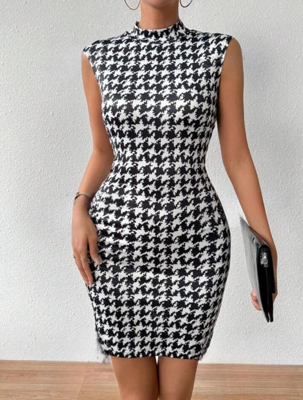 Houndstooth Pattern Stand Collar Dress