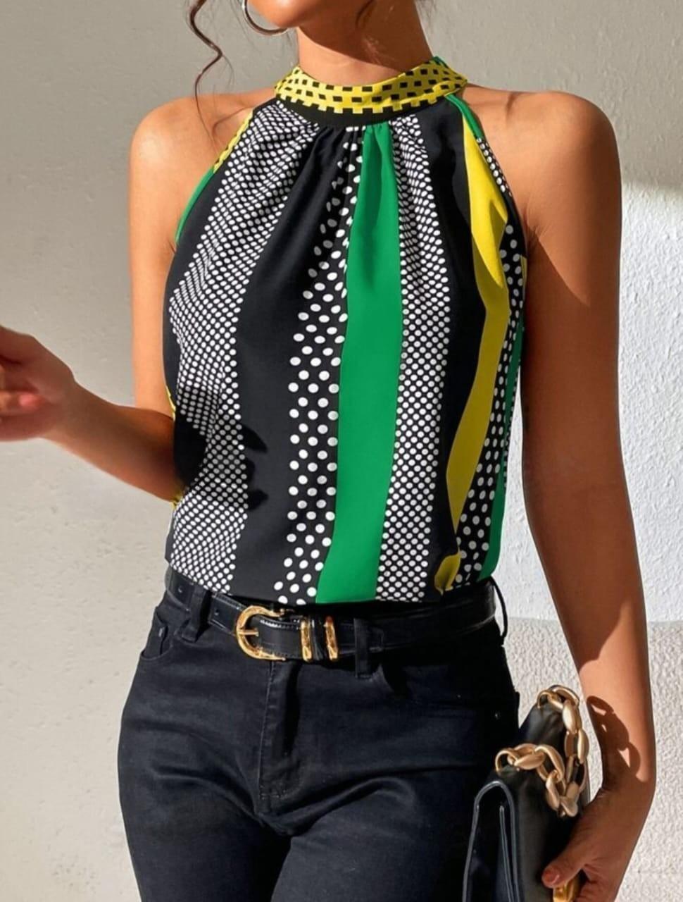 Polka Dot Print Keyhole Back Halter Neck Blouse