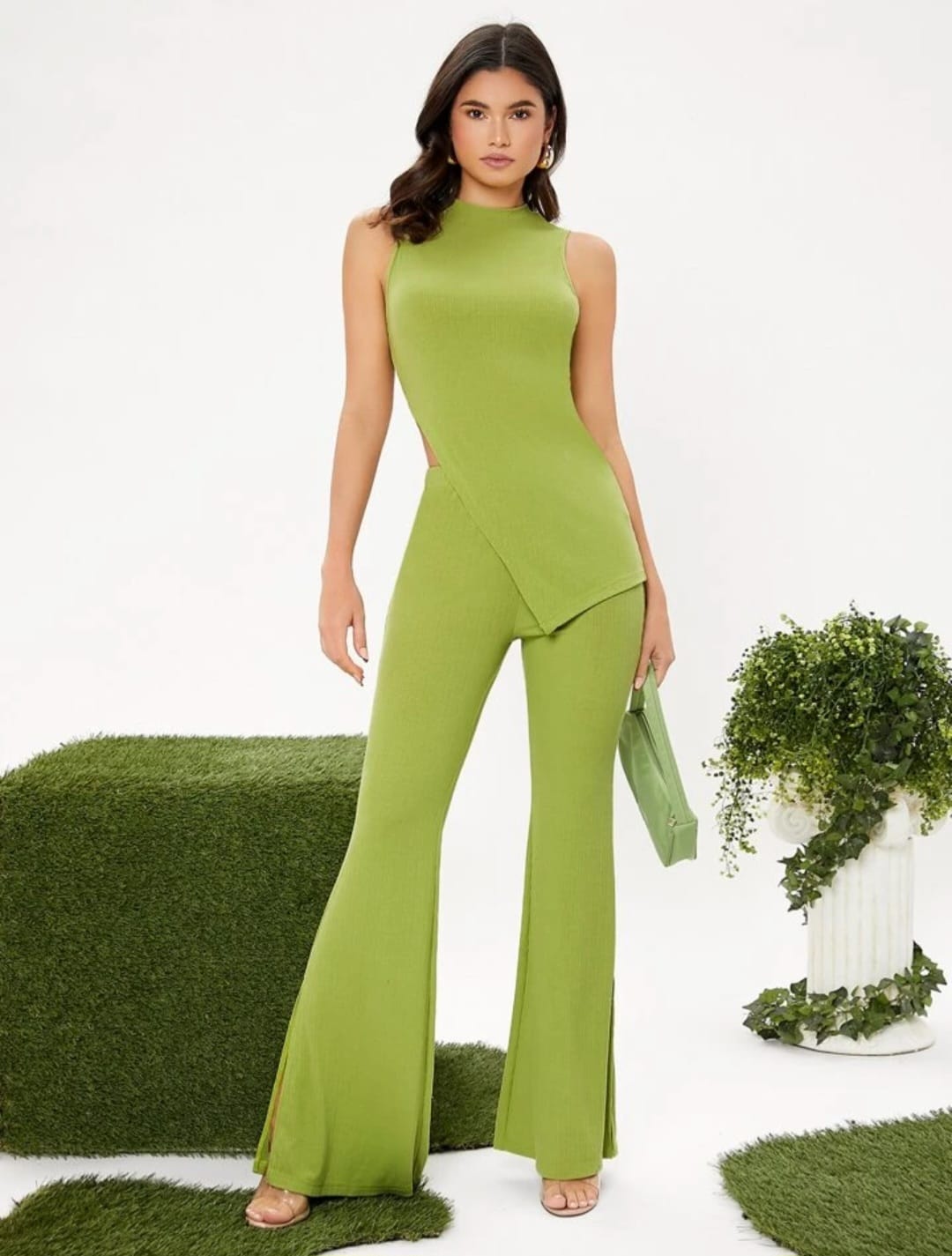 Mock Neck Slit Hem Tank Top And Pants Set