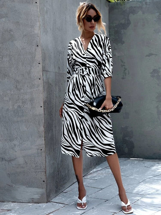 Zebra Print Belted Dress freeshipping - Kendiee