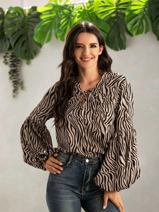 Zebra stripe tie neck lantern sleeve blouse freeshipping - Kendiee