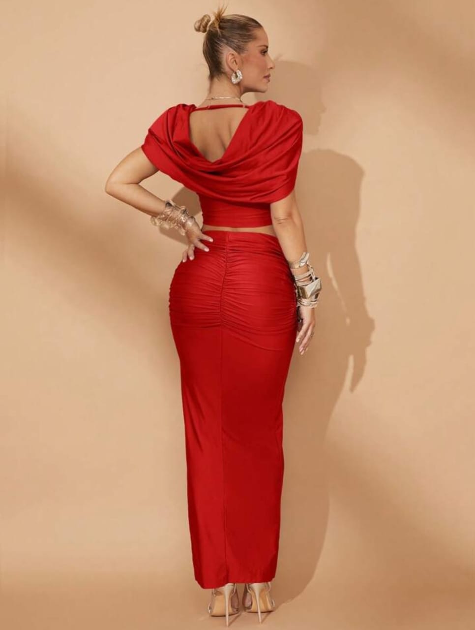 Ruched Shoulder with Deep V Neckline Top And Skirt Set