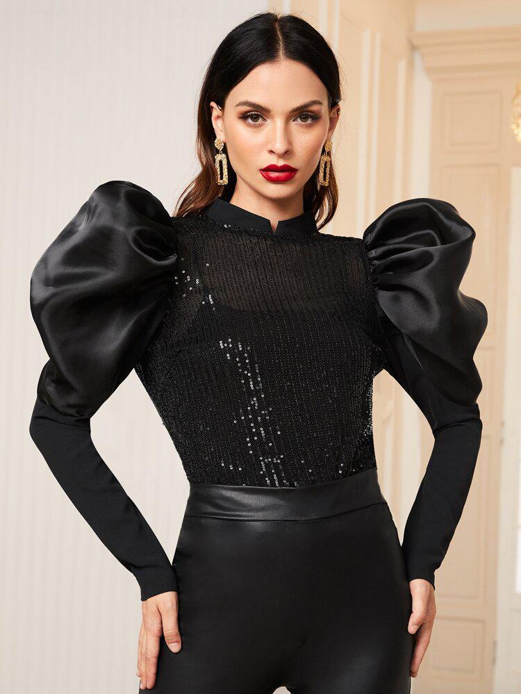 Mock Neck Gigot Sleeve Sequin Mesh Detail Top Without Cami freeshipping - Kendiee