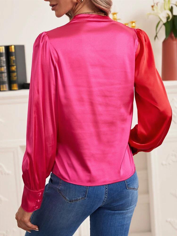 Lantern Sleeve Overlap Collar Satin Blouse