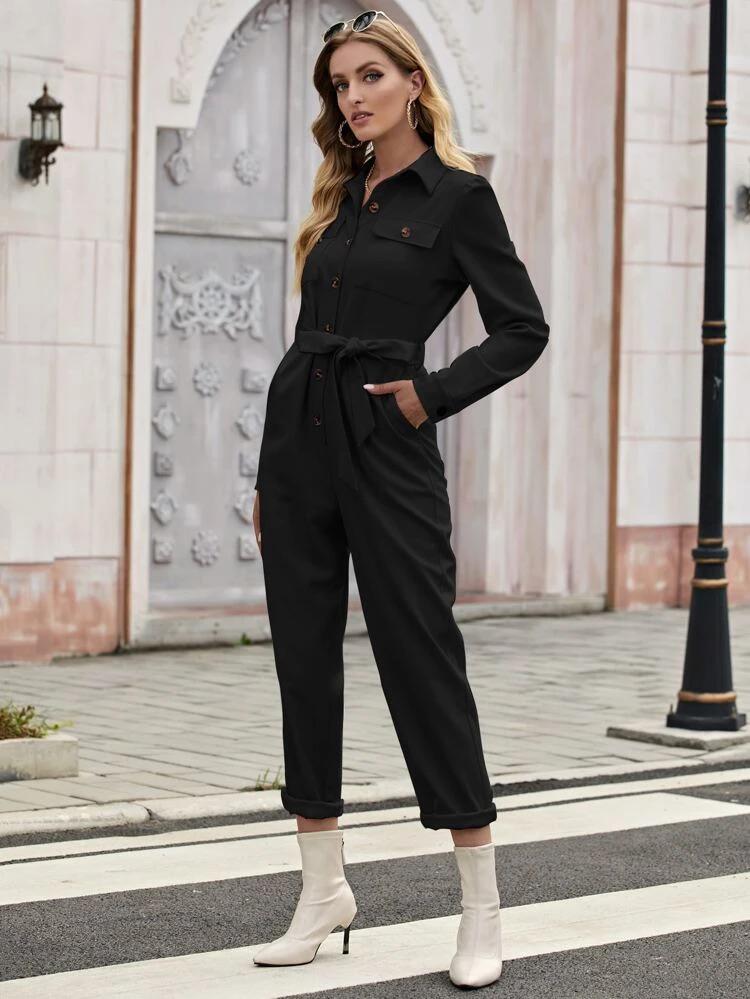 Flap Pocket Button Front Belted Jumpsuit