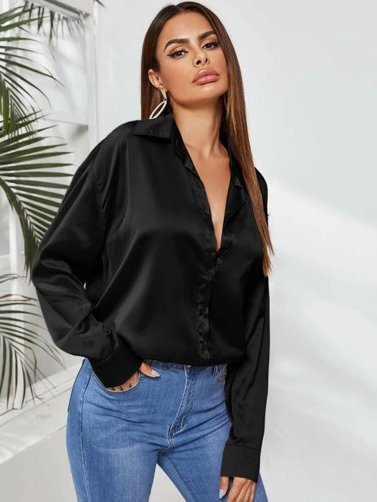 Button Up Curved Hem Satin Blouse freeshipping - Kendiee