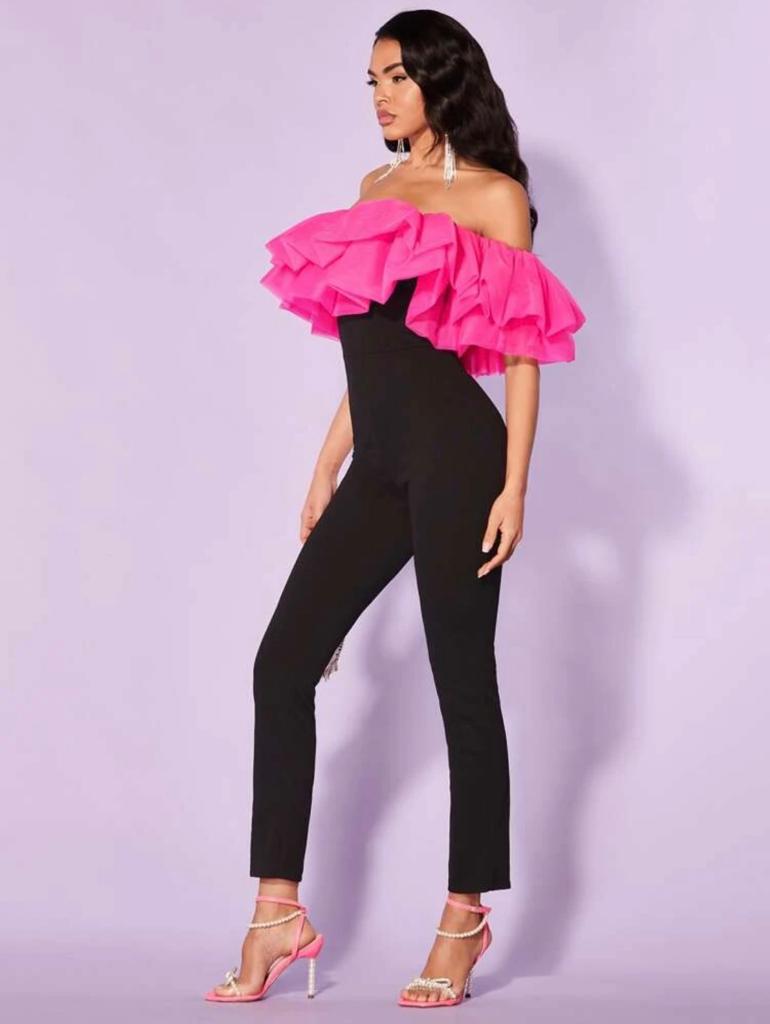 Off Shoulder Exaggerated Ruffle Trim Jumpsuit