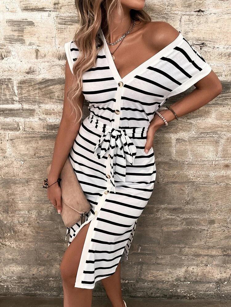 Striped Dolman Sleeve Button Through Slit Hem Belted Dress