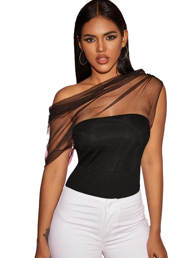 Asymmetrical Neck Sheer Mesh Ruched Top freeshipping - Kendiee