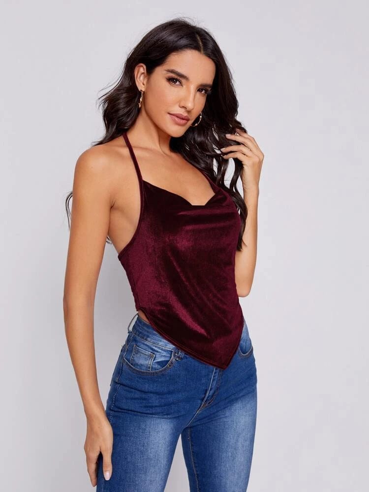 Draped Neck Hanky Hem Tied Back Velvet Halter freeshipping - Kendiee