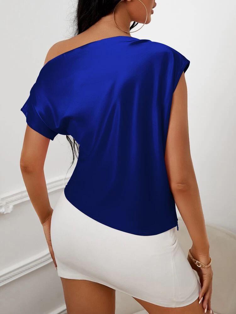 Asymmetrical Neck Ruched Satin Blouse