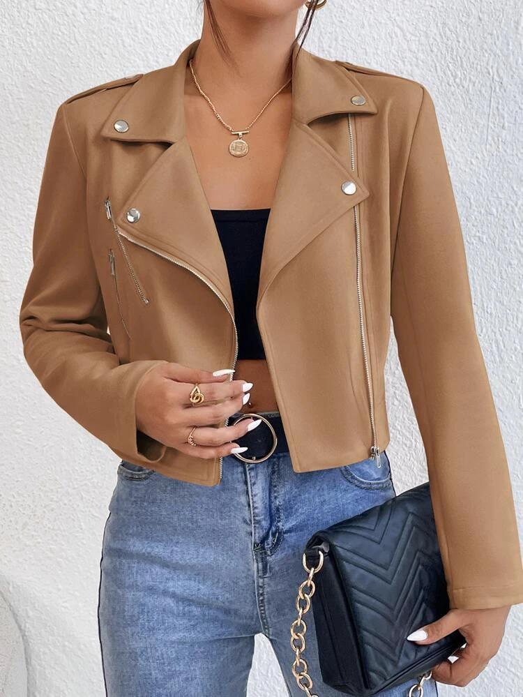 Lapel Neck Zip Up Suedette Moto Jacket