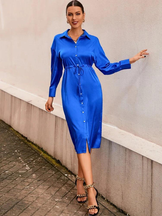 Drop Shoulder Drawstring Waist Shirt Dress