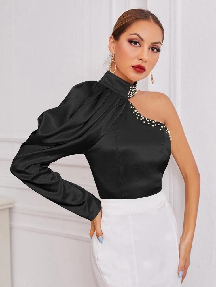 Satin Leg-Of-Mutton Sleeve Pearls Blouse