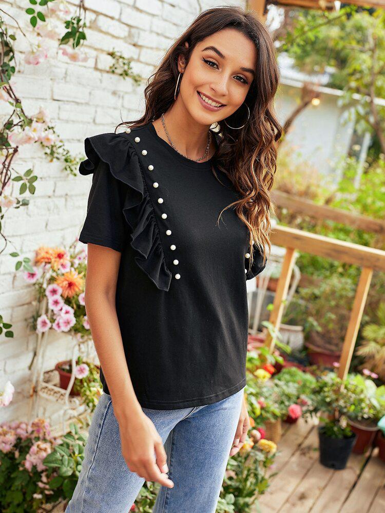 Ruffle Trim Pearls Front Tee freeshipping - Kendiee