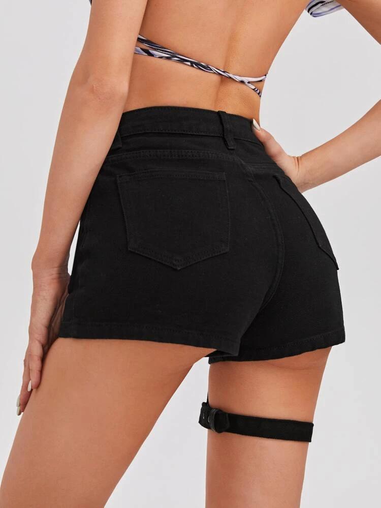 High Waist Strap Detail Denim Shorts freeshipping - Kendiee