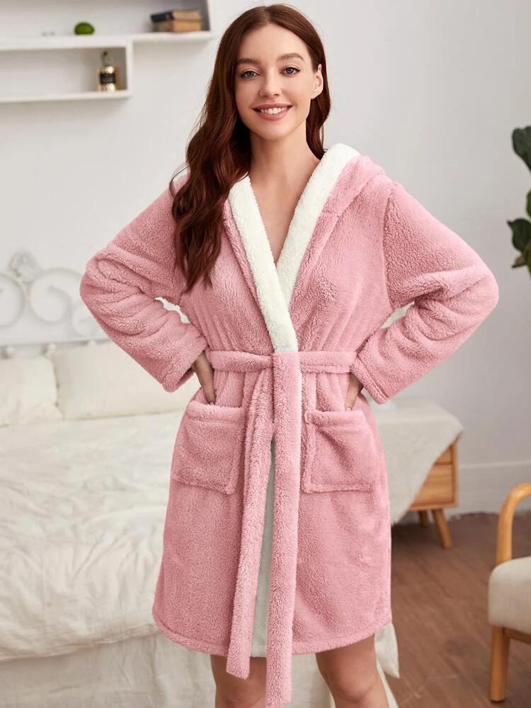 Dual Pocket Belted Hooded Flannel Robe