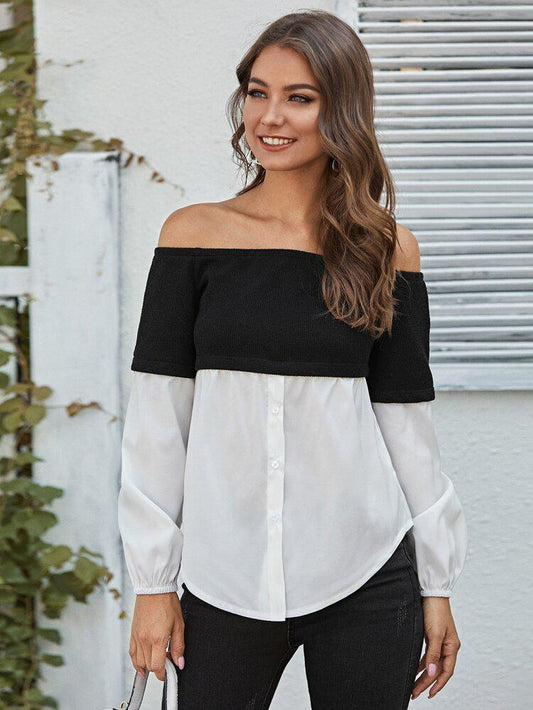 Off Shoulder Mixed Media Button Front Blouse freeshipping - Kendiee