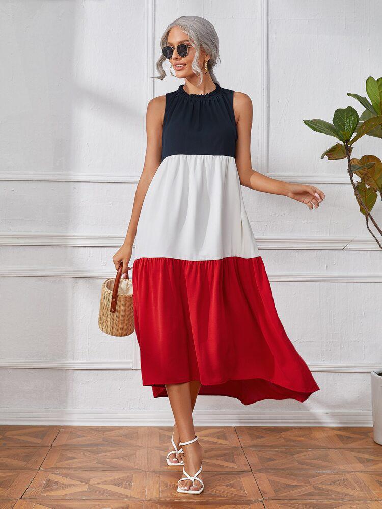 Colorblock Frill Trim Smock Dress freeshipping - Kendiee