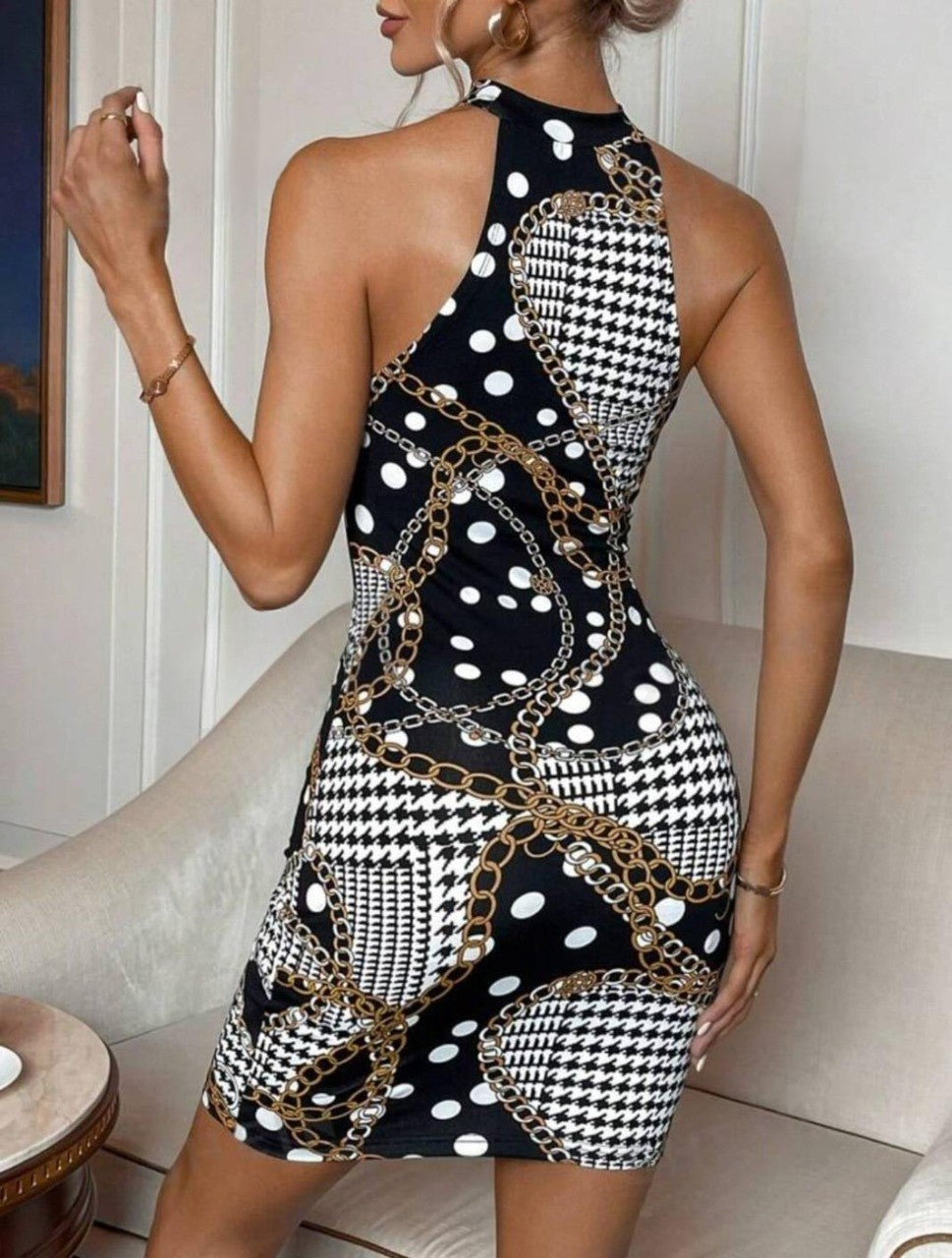 Chain & Polka Dot Print Halter Neck Bodycon Dress