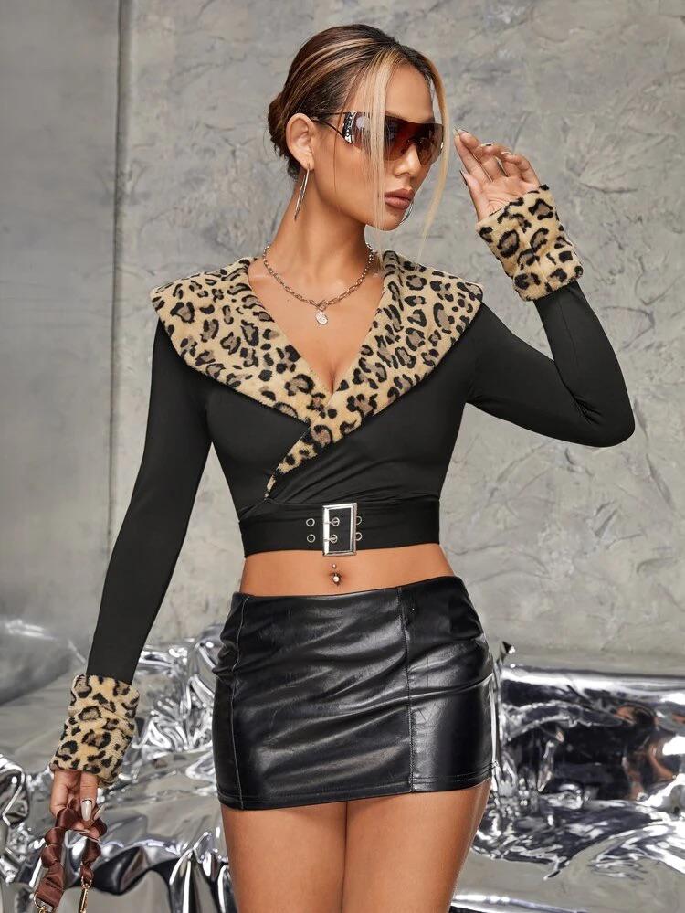 Leopard Print Contrast Collar Crop Tee