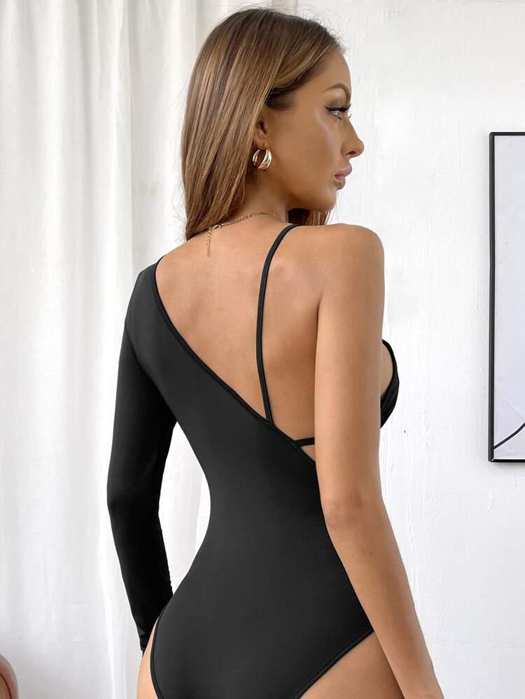 One Sleeve Cutout Detail Bodysuit freeshipping - Kendiee