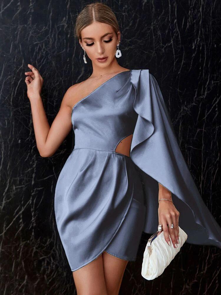 One Shoulder Cut Out Wrap Satin Dress