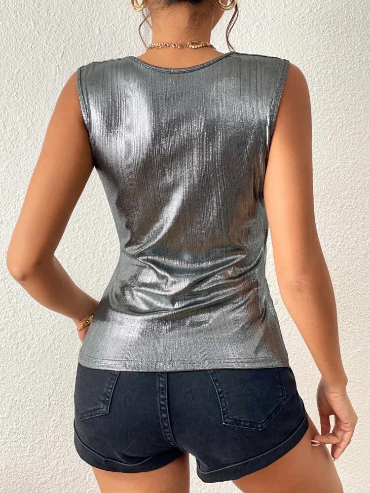 Surplice Neck Metallic Tank Top