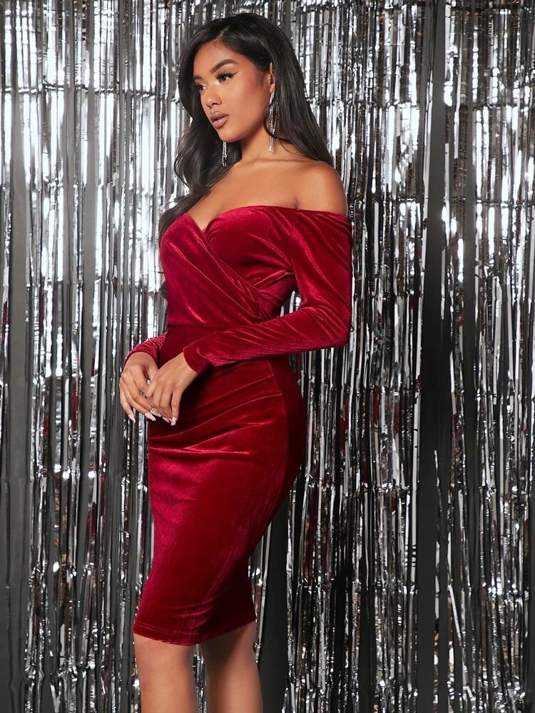 Off Shoulder Ruched Velvet Bodycon Dress