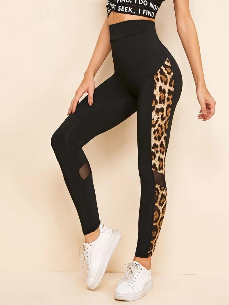 Leopard Side Seam Mesh Insert Leggings freeshipping - Kendiee