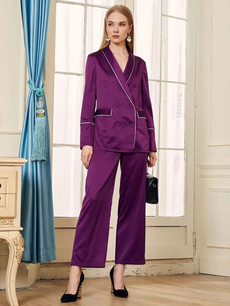 Shawl Collar Contrast Binding Blazer & Pants Set freeshipping - Kendiee