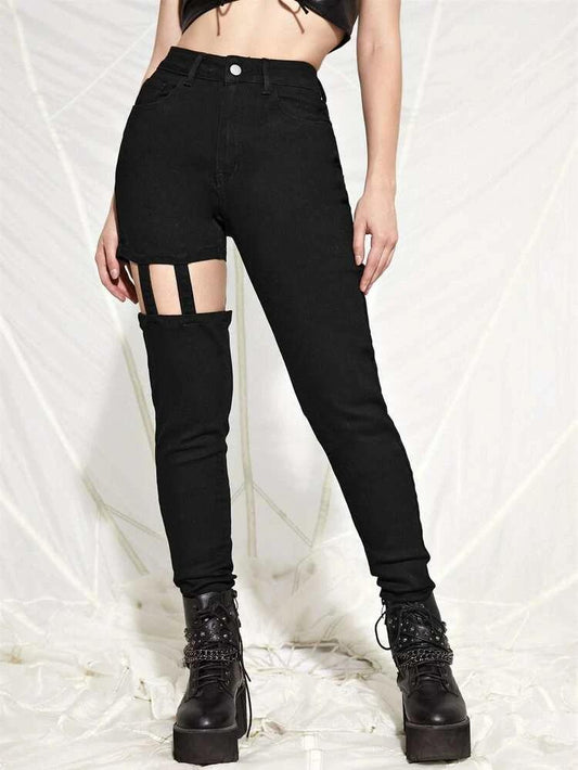 High Waisted Cutout Detail Jeans freeshipping - Kendiee