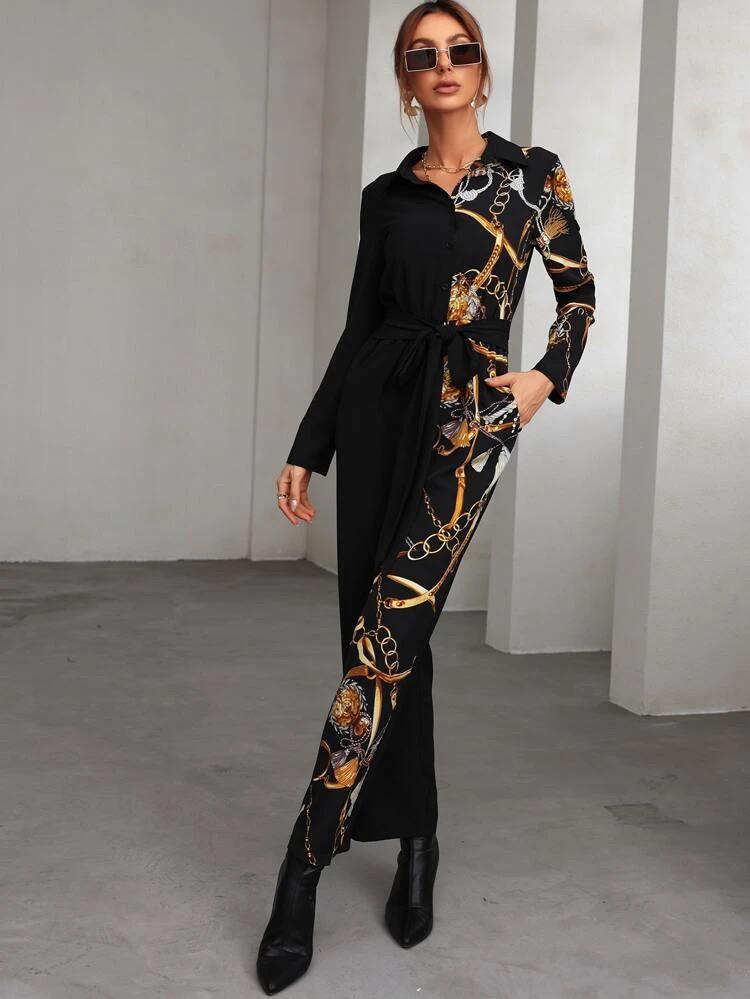 Tassel & Chain Print Knot Front Shirt Jumpsuit