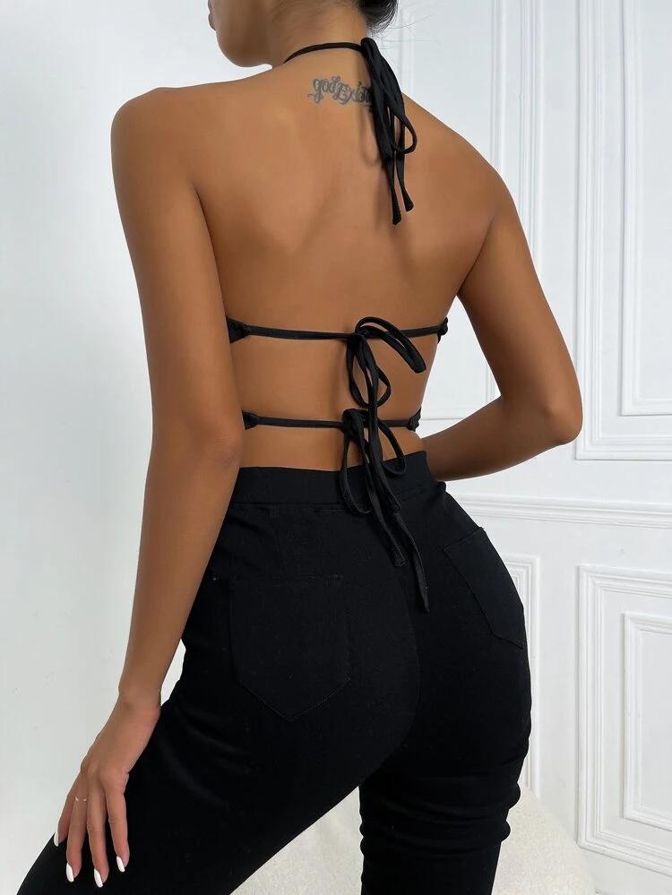 Ring Linked Ruched Tie Backless Halter Top freeshipping - Kendiee