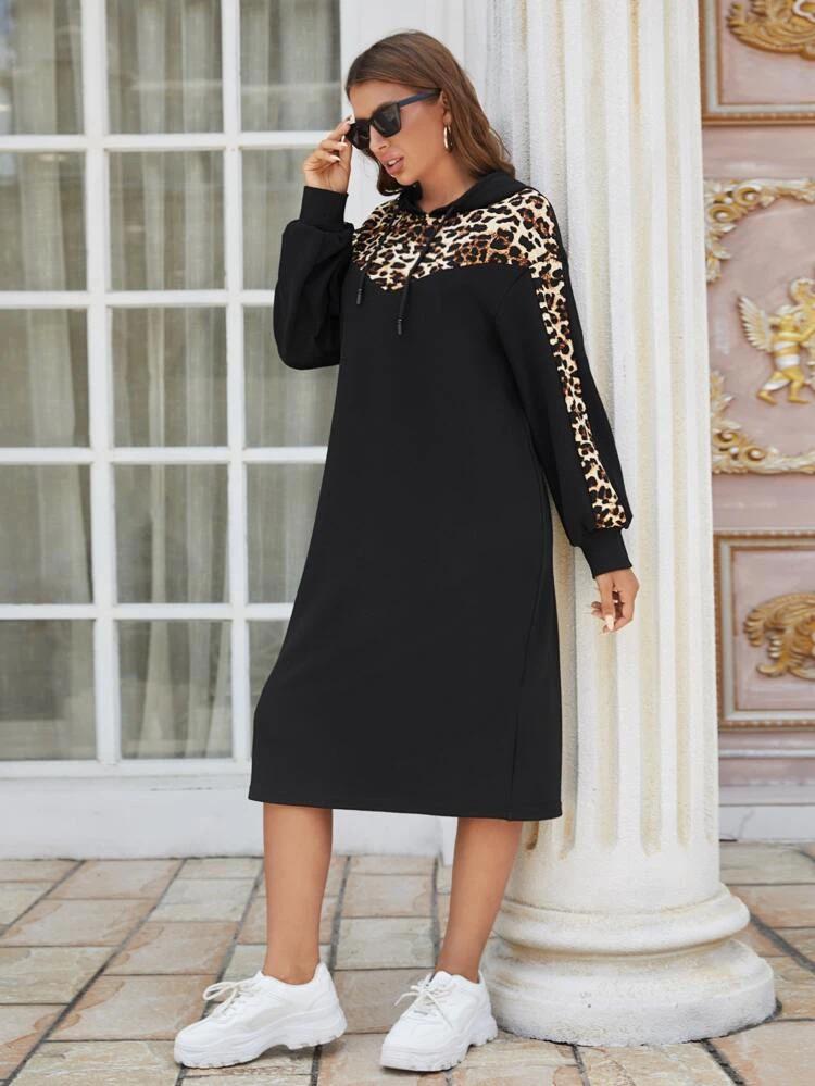 Contrast Leopard Print Hooded Dress