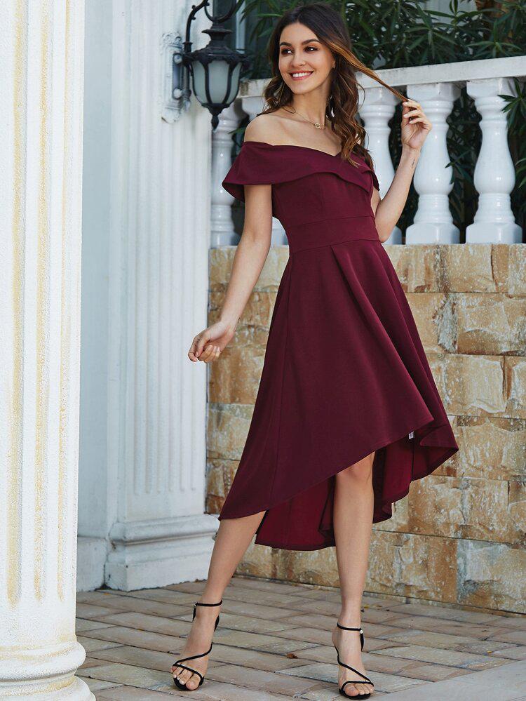 Off Shoulder High Low Hem Dress freeshipping - Kendiee