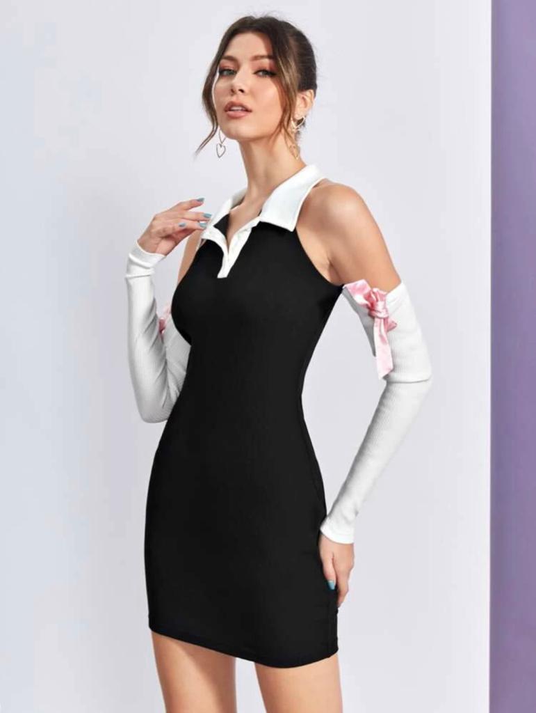 Cold Shoulder Bow Front Two Tone Bodycon Dress