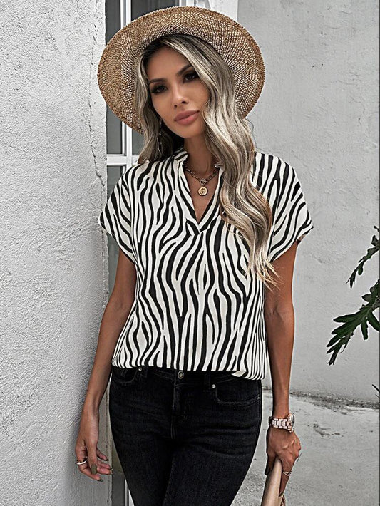 Zebra Stripe Print Notch Neck Blouse