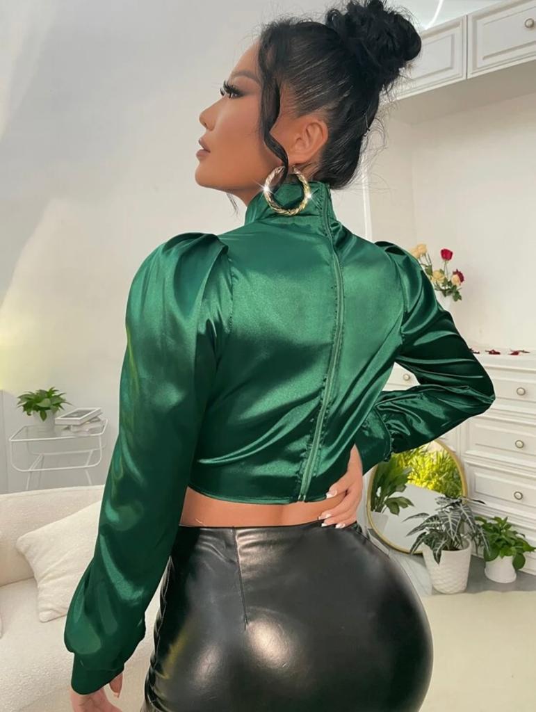 Puff Sleeve Wrap Crop Satin Blouse