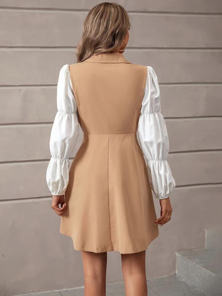 Colorblock Puff Sleeve Double Breasted Dress