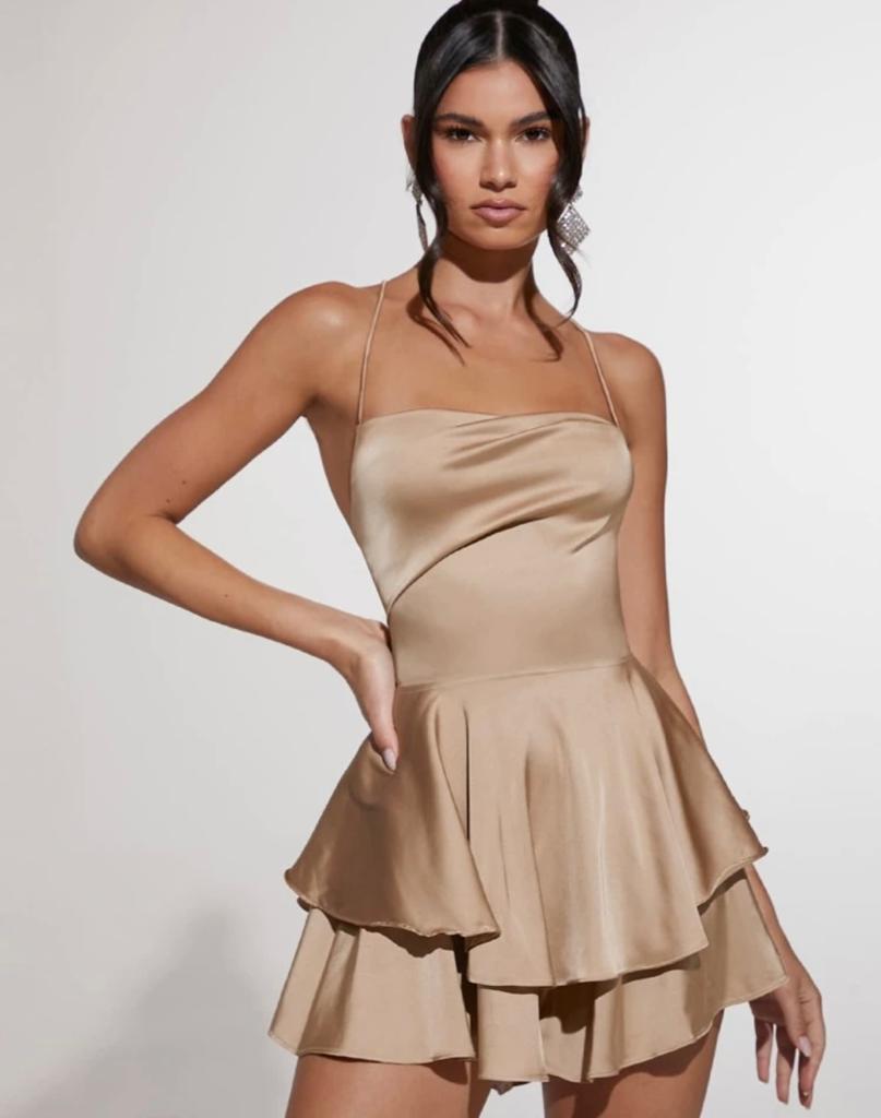 Cowl Neck Lace Up Backless Layered Satin Skort Romper