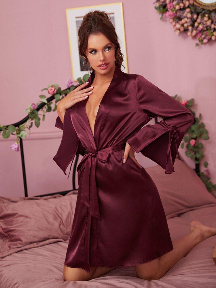 Satin Belted Split Cuff Night Robe freeshipping - Kendiee