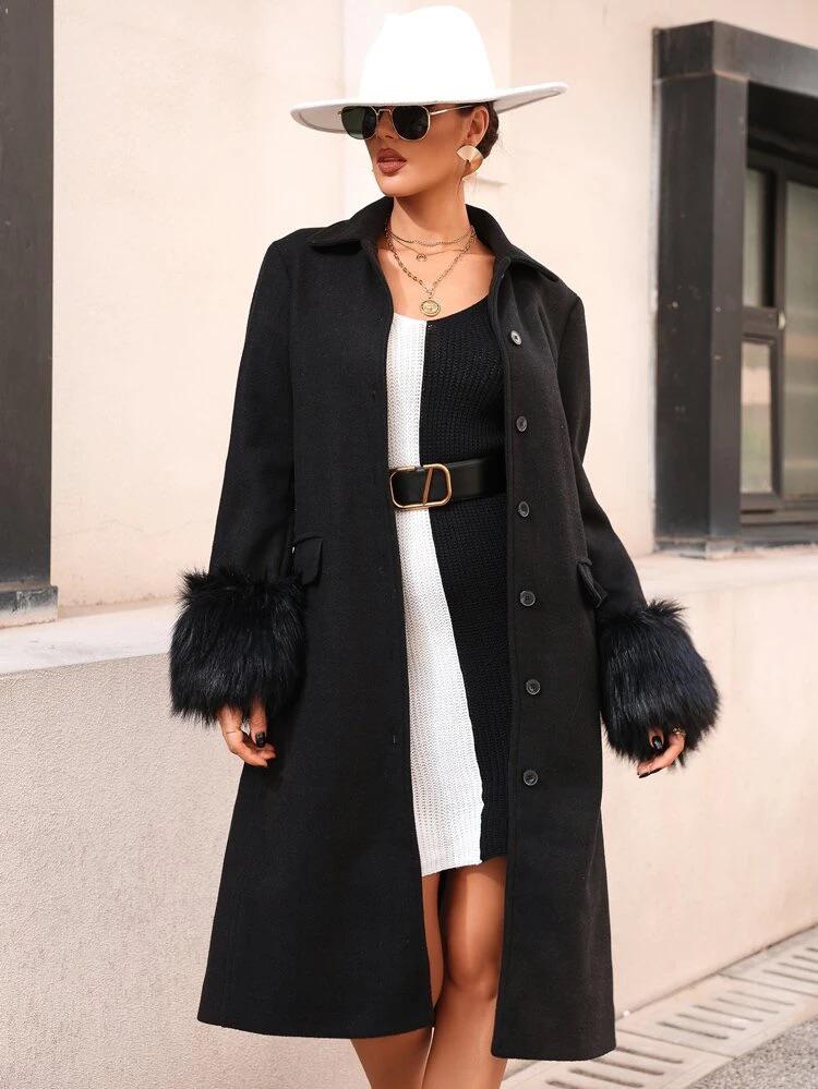 Fuzzy Cuff Split Back Belted Overcoat