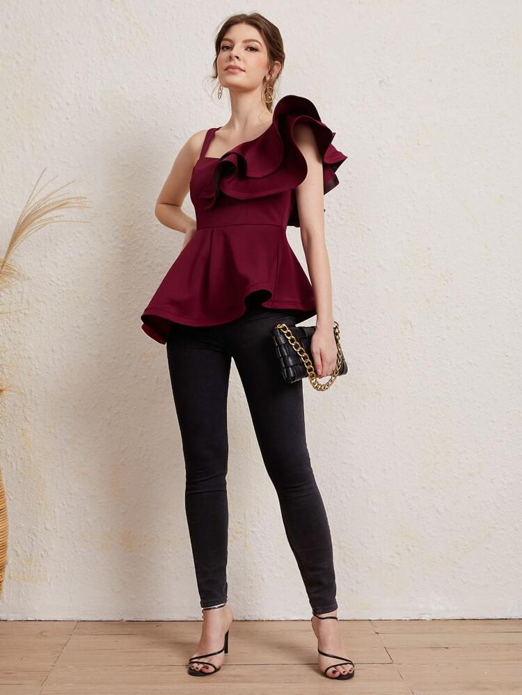 Asymmetrical Neck Ruffle Trim Peplum Top freeshipping - Kendiee