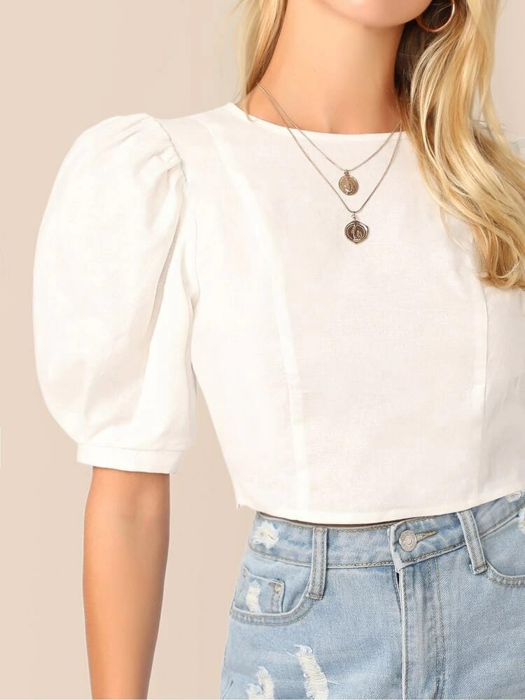 Puff Sleeve Keyhole Back Crop Top freeshipping - Kendiee