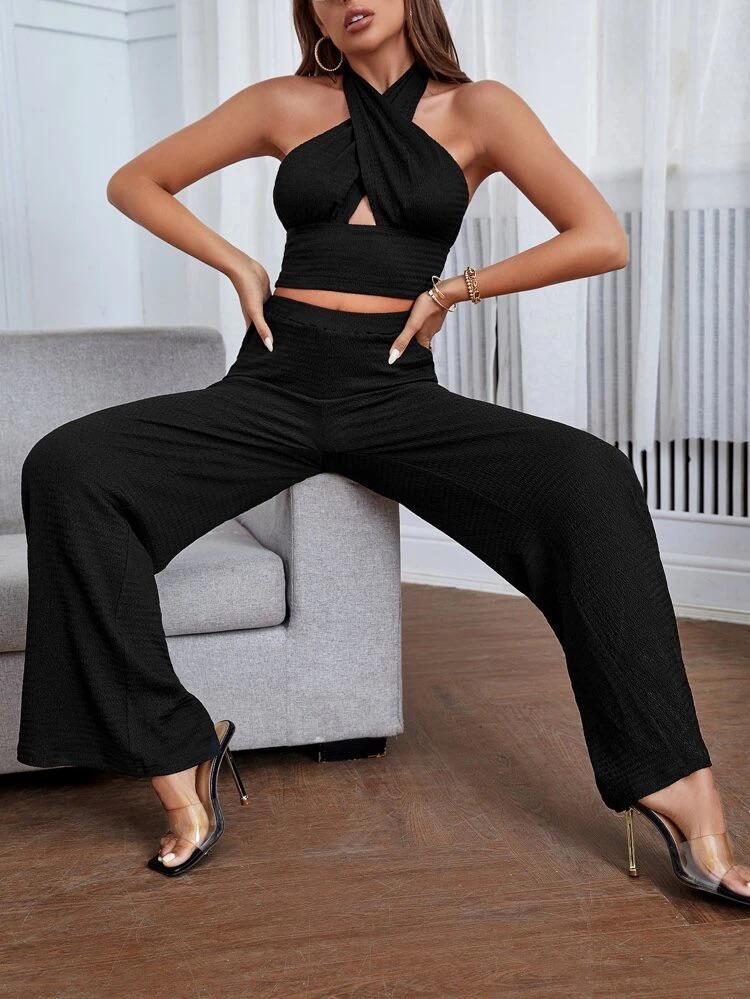 Cross Wrap Crop Halter Top & Wide Leg Pants