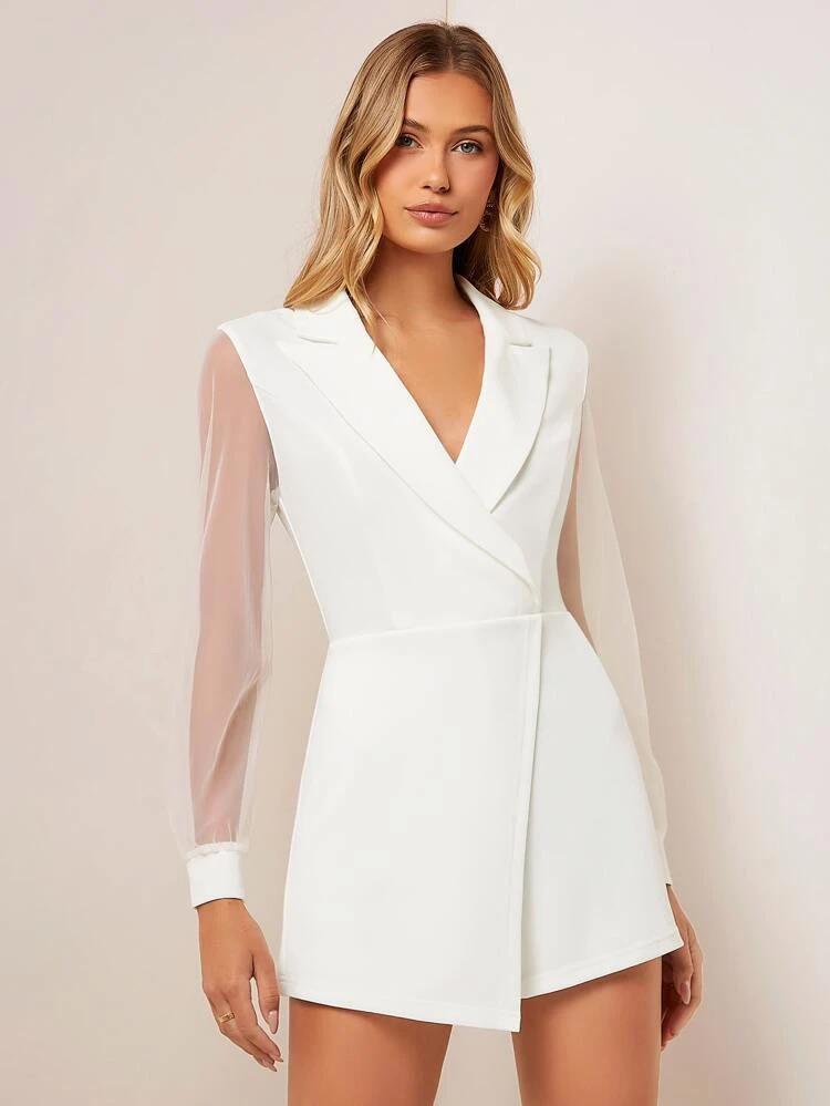 Lapel Neck Contrast Mesh Wrap Romper