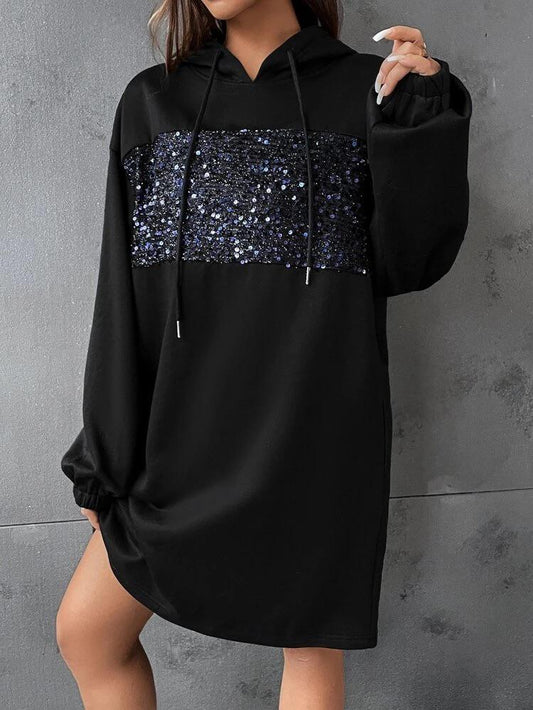 Contrast Sequin Drop Shoulder Drawstring Hoodie Dress